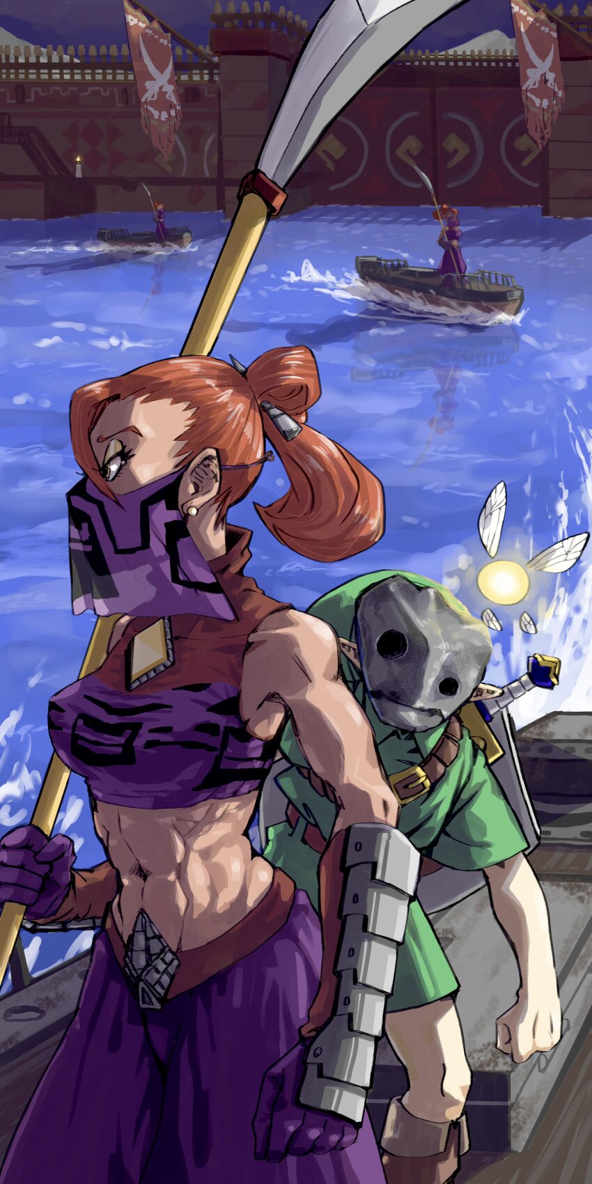 1boy 3girls abs absurdres banner boat boots cloud earrings eyeshadow fairy fairy_wings fire flag flying fortress gate gauntlets gerudo glowing gus_uur highres holding holding_weapon jewelry kokiri_sword link long_hair makeup mask midriff mountain multiple_girls muscular muscular_arms muscular_female naginata navel night nintendo outdoors polearm ponytail red_hair reflection shield shield_on_back splashing stairs stone_mask sword tatl the_legend_of_zelda the_legend_of_zelda:_majora&#039;s_mask torch tunic veil water watercraft weapon wings yellow_eyes