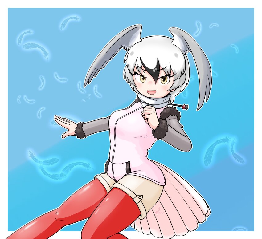 1girl absurdres bird_girl bird_tail bird_wings black_fur black_hair blush fur_trim grey_hair grey_sleeves hair_between_eyes head_wings highres kemono_friends kemono_friends_3 long_sleeves looking_at_viewer multicolored_hair nokemono-san_(bocchi_friend) open_mouth pantyhose red_pantyhose ross&#039;s_gull_(kemono_friends) scarf short_hair short_shorts shorts sidelocks smile solo sweater tail white_hair white_scarf white_shorts white_sweater wings yellow_eyes
