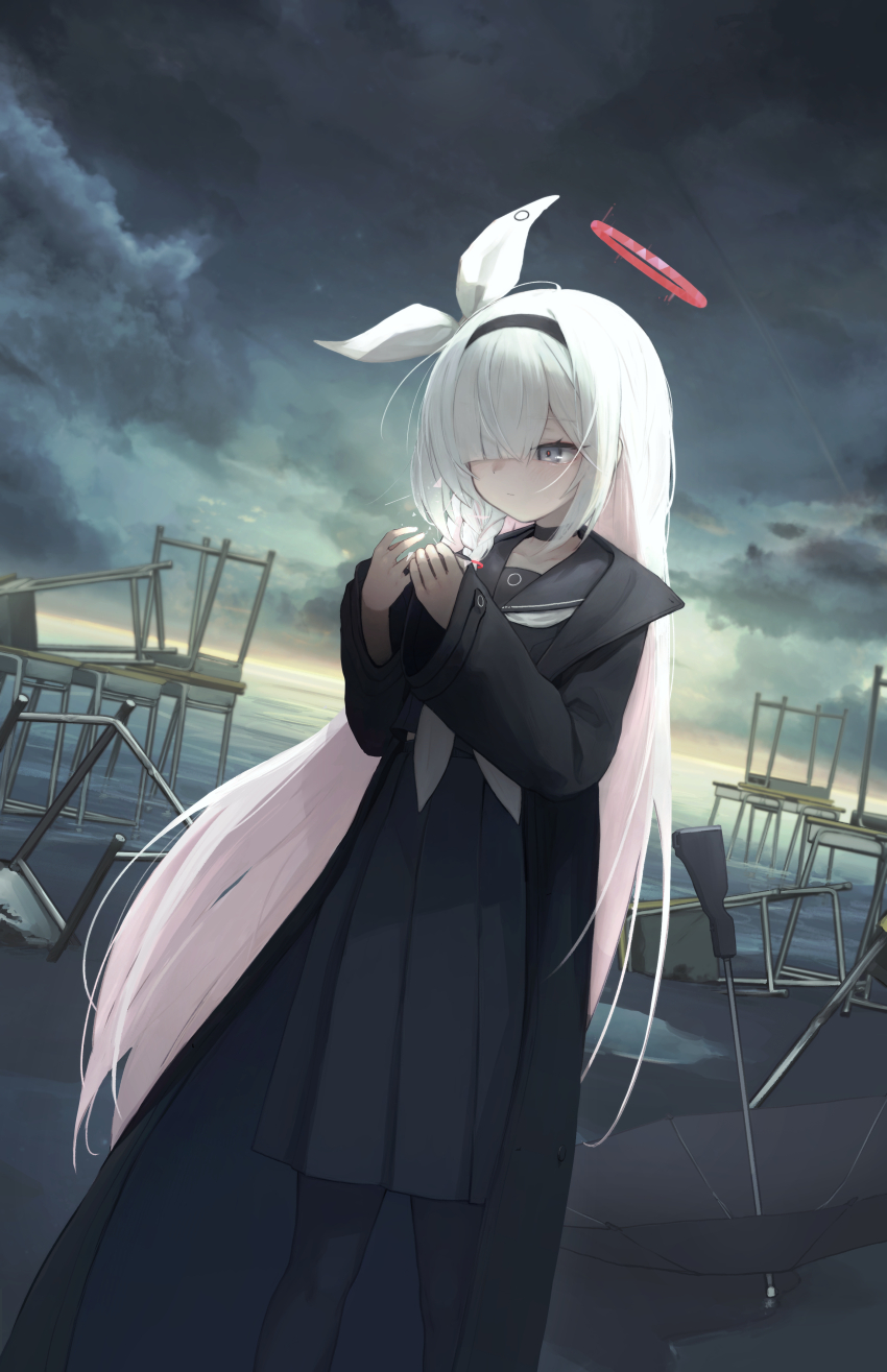 1girl absurdres black_coat black_shirt black_skirt blue_archive chair coat dutch_angle grey_eyes hair_over_one_eye hair_ribbon hairband halo highres kabanoki long_hair plana_(blue_archive) ribbon school_uniform serafuku shirt skirt solo table very_long_hair white_hair