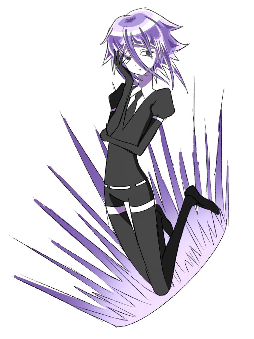 1other alternate_costume androgynous black_necktie choppy_bangs crona_(soul_eater) crossover crystal_hair gloves hair_between_eyes helllmari highres houseki_no_kuni necktie other_focus puffy_short_sleeves puffy_sleeves purple_hair short_sleeves shorts simple_background solo soul_eater