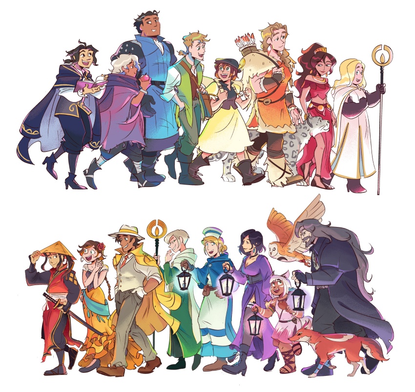 6+boys 6+girls absurdres agnea_bristarni alfyn_greengrass apple bird book castti_florenz cloak cyrus_albright dress food fox fruit h&#039;aanit_(octopath_traveler) hat highres hikari_ku jacket jacket_on_shoulders lantern multiple_boys multiple_girls ochette_(octopath_traveler) octopath_traveler octopath_traveler_i octopath_traveler_ii olberic_eisenberg ophilia_clement osvald_v._vanstein owl partitio_yellowil primrose_azelhart quiver simple_background smile snow_leopard softandworm staff temenos_mistral therion_(octopath_traveler) throne_anguis tressa_(octopath_traveler) tressa_colzione walking