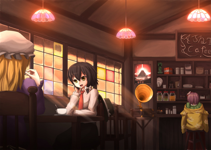 3girls agent_(ikuoikuo) blonde_hair brown_hair creeper explosive female_focus flower hair_flower hair_ornament hieda_no_akyuu highres indoors inubashiri_momiji long_hair maribel_hearn minecraft multiple_girls phonograph short_hair sitting tnt tnt_block_(minecraft) touhou usami_renko
