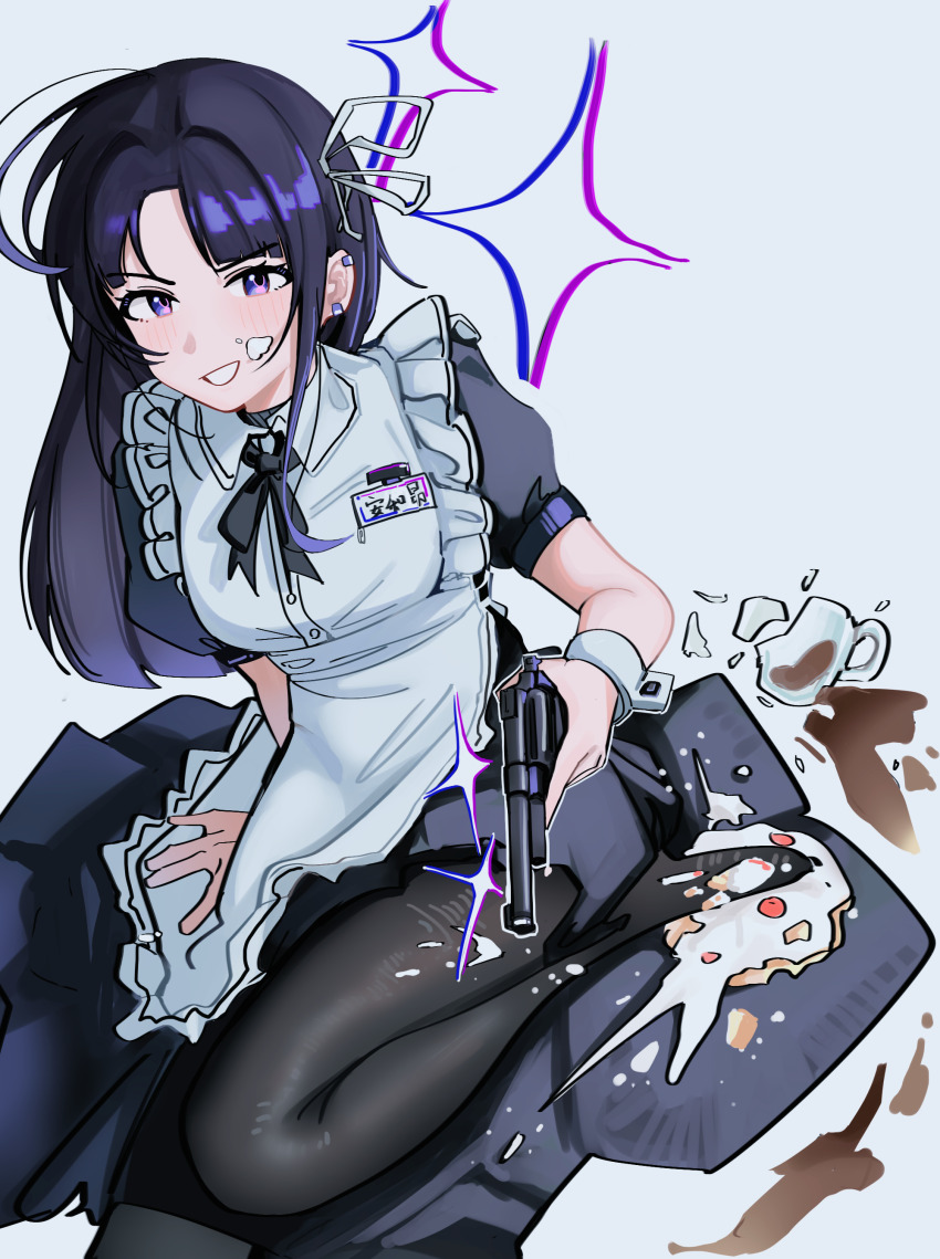 1girl absurdres awa_subaru black_dress black_hair black_pantyhose black_ribbon blush broken_cup commentary dress earclip food food_on_face girls_band_cry gun haidao_mao hair_ribbon handgun highres holding holding_gun holding_weapon long_hair looking_at_viewer maid name_tag neck_ribbon open_mouth outline pantyhose parted_bangs puffy_short_sleeves puffy_sleeves purple_eyes revolver ribbon short_sleeves sidelocks solo sparkle translated weapon white_outline white_ribbon white_wrist_cuffs wrist_cuffs