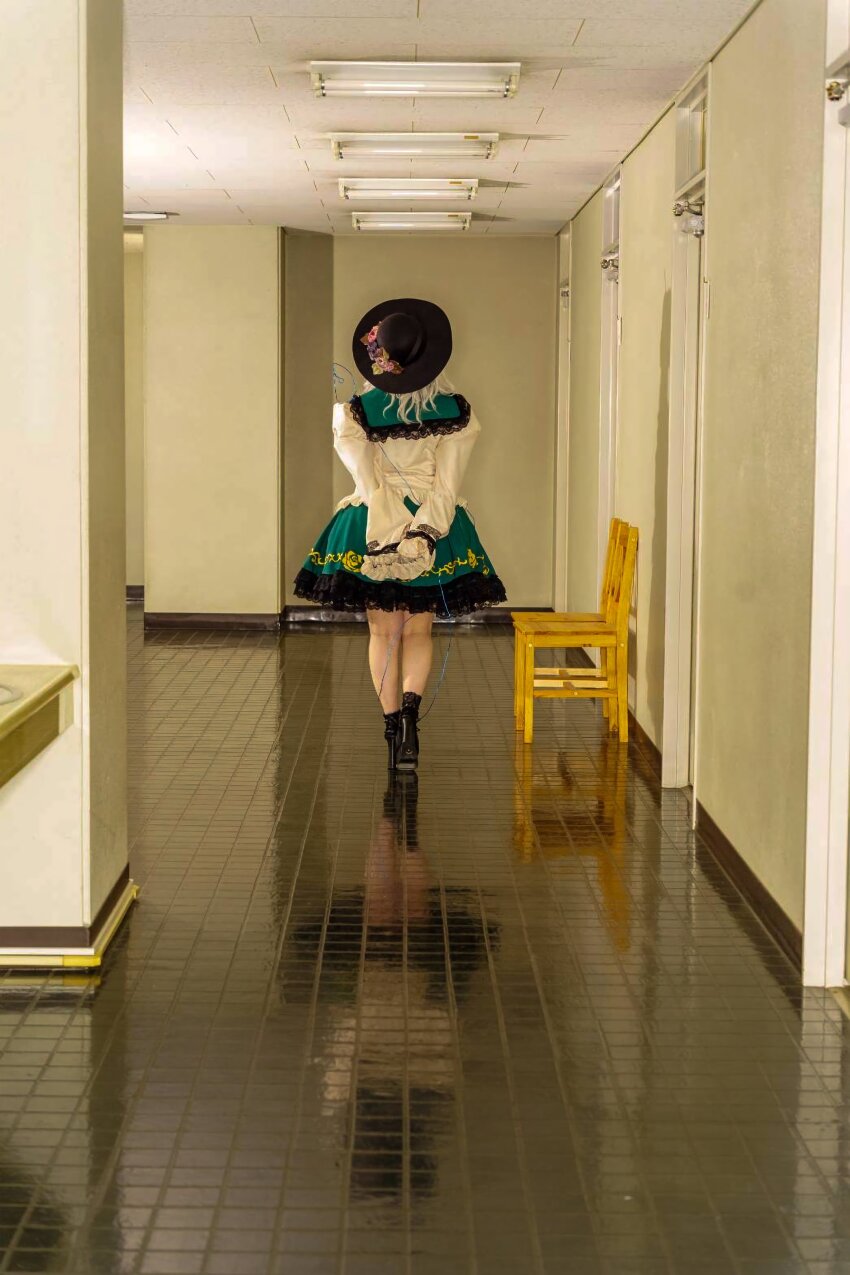 1girl absurdres ankle_socks arms_behind_back black_hat black_socks blouse chair commentary_request cosplay_photo facing_away floral_print flower fluorescent_lamp frilled_sleeves frills from_behind full_body green_skirt hat hat_flower heel_up high_heels highres horror_(theme) indoors komeiji_koishi lace lace-trimmed_skirt lace_trim liminal_space long_sleeves medium_hair medium_skirt photo_(medium) print_skirt reflection rose_print shirt skirt sleeves_past_fingers sleeves_past_wrists socks solo taraiya touhou umizarasi walking white_hair white_shirt wooden_chair