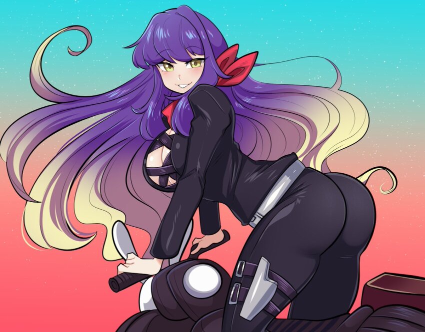 1girl ass bandana belt biker_clothes bikesuit black_bodysuit blonde_hair blue_background bodysuit breasts center_opening cleavage commentary cross-laced_clothes english_commentary feet_out_of_frame gradient_background gradient_hair grey_belt grin hijiri_byakuren large_breasts long_hair looking_at_viewer looking_back missandydandy motor_vehicle motorcycle multicolored_hair on_motorcycle orange_background purple_hair red_bandana smile solo touhou turbo_byakuren very_long_hair yellow_eyes