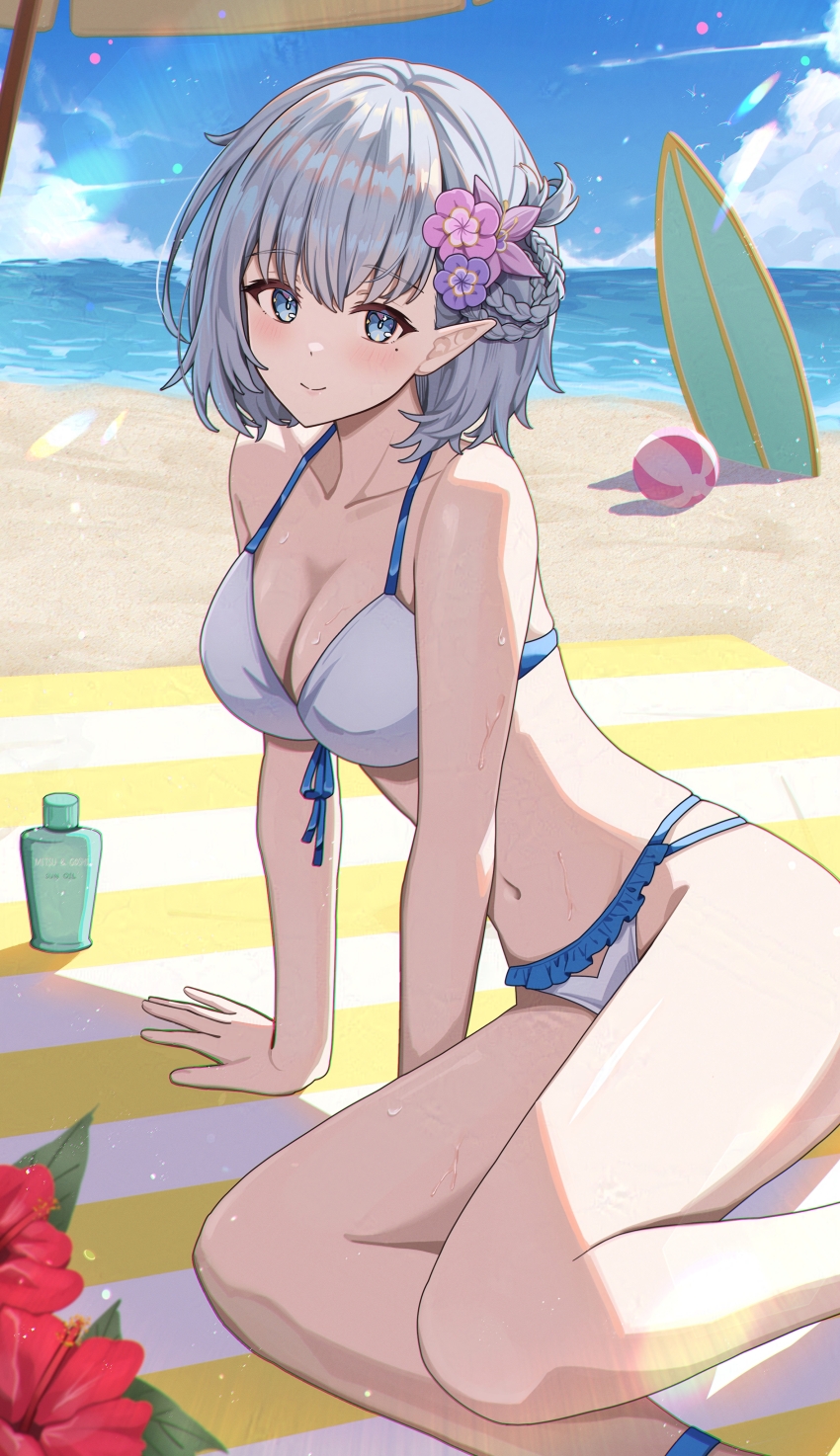1girl absurdres ball beach beachball beta_(kage_no_jitsuryokusha_ni_naritakute!) bikini blue_eyes blue_sky braid breasts cleavage cloud day elf front-tie_bikini_top front-tie_top half_up_braid highres horizon kage_no_jitsuryokusha_ni_naritakute! large_breasts looking_at_viewer lotion matsumoto_yuu ocean outdoors planted_surfboard pointy_ears purple_hair short_hair sitting sky solo sunscreen surfboard swimsuit white_bikini yokozuwari