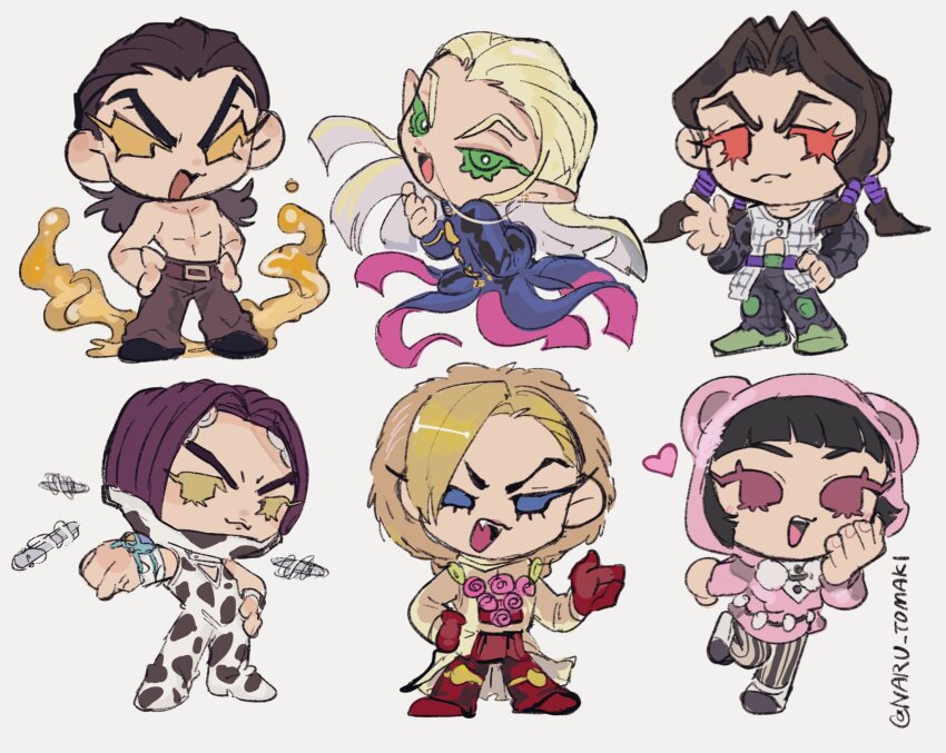 1girl 5boys androgynous animal_ears animal_hood animal_print bear_ears belt black_hair black_pants black_sleeves blonde_hair blue_eyes blunt_ends boots brown_coat brown_hair brown_pants chibi chibi_only coat commentary commentary_request cow_print diamond_wa_kudakenai doctor_ferdinand earth_wind_&amp;_fire_(stand) fake_animal_ears fangs full_body gloves green_eyes hand_on_own_hip hazekura_mikitaka heart higashikata_daiya highres hood hood_up illuso jacket jojo_no_kimyou_na_bouken jojolion long_hair looking_at_viewer multiple_boys naru_tomaki open_mouth pants pectorals pointy_ears ponytail purple_eyes purple_hair red_boots red_gloves rikiel rubber_soul short_hair sky_high_(stand) smile stand_(jojo) stardust_crusaders steel_ball_run stone_ocean striped_clothes striped_pants thick_eyebrows topless_male transformation twintails vento_aureo vertical-striped_clothes vertical-striped_pants very_long_hair white_coat yellow_eyes yellow_temperance