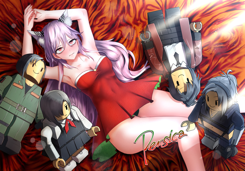 1girl 3: angelia_(girls&#039;_frontline) animal_ear_fluff animal_ears armpits arms_up bags_under_eyes bare_legs bare_shoulders bed_sheet black_panties blush breasts cat_ears character_name christmas cleavage closed_mouth collarbone commentary dress fingernails girls&#039;_frontline green_dress griffin_&amp;_kryuger_military_uniform hair_between_eyes highres lego_minifig long_hair looking_at_viewer lying medium_breasts official_alternate_costume on_back panties persica_(girls&#039;_frontline) pink_hair radish_p red_dress red_eyes red_nails signature smile solo strapless strapless_dress two-sided_dress two-sided_fabric underwear very_long_hair