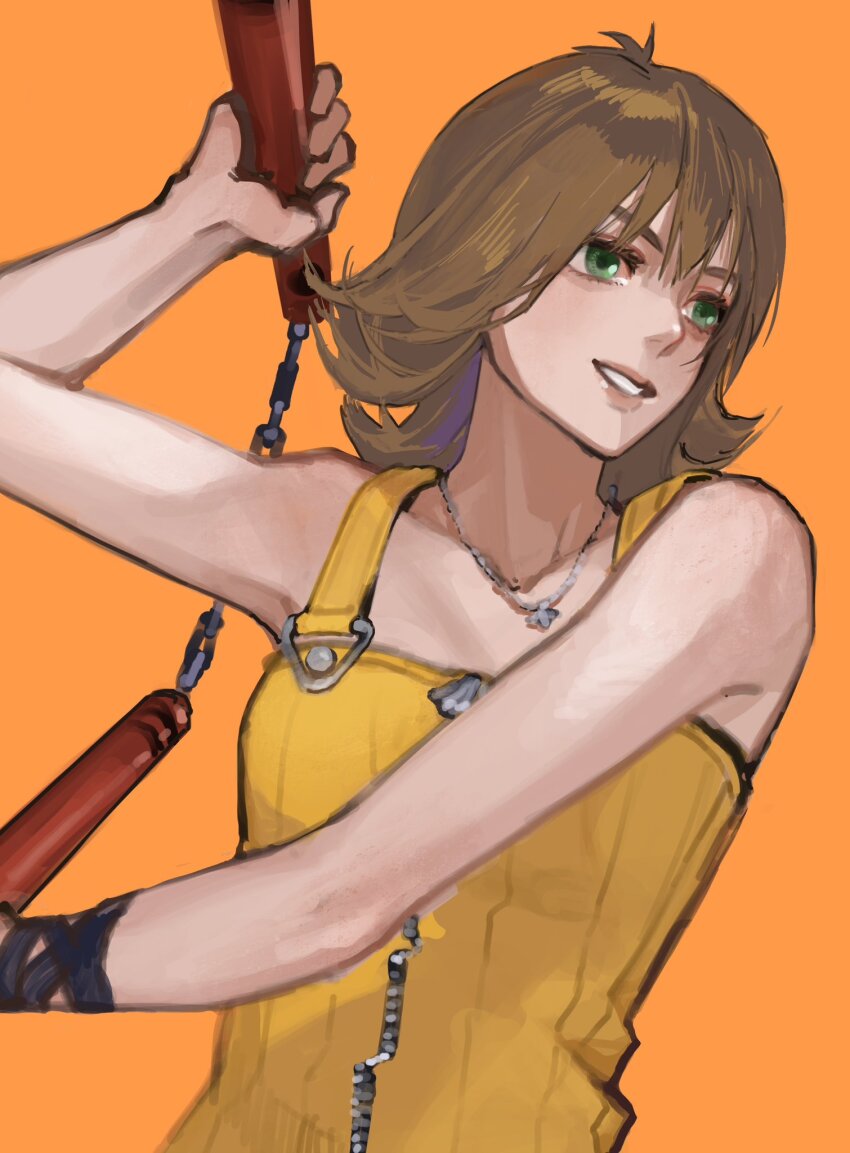 1girl brown_hair dress final_fantasy final_fantasy_viii flipped_hair green_eyes highres holding holding_weapon jewelry necklace nini_tw99 nunchaku selphie_tilmitt short_hair simple_background smile solo weapon yellow_background yellow_dress zipper_dress zipper_pull_tab
