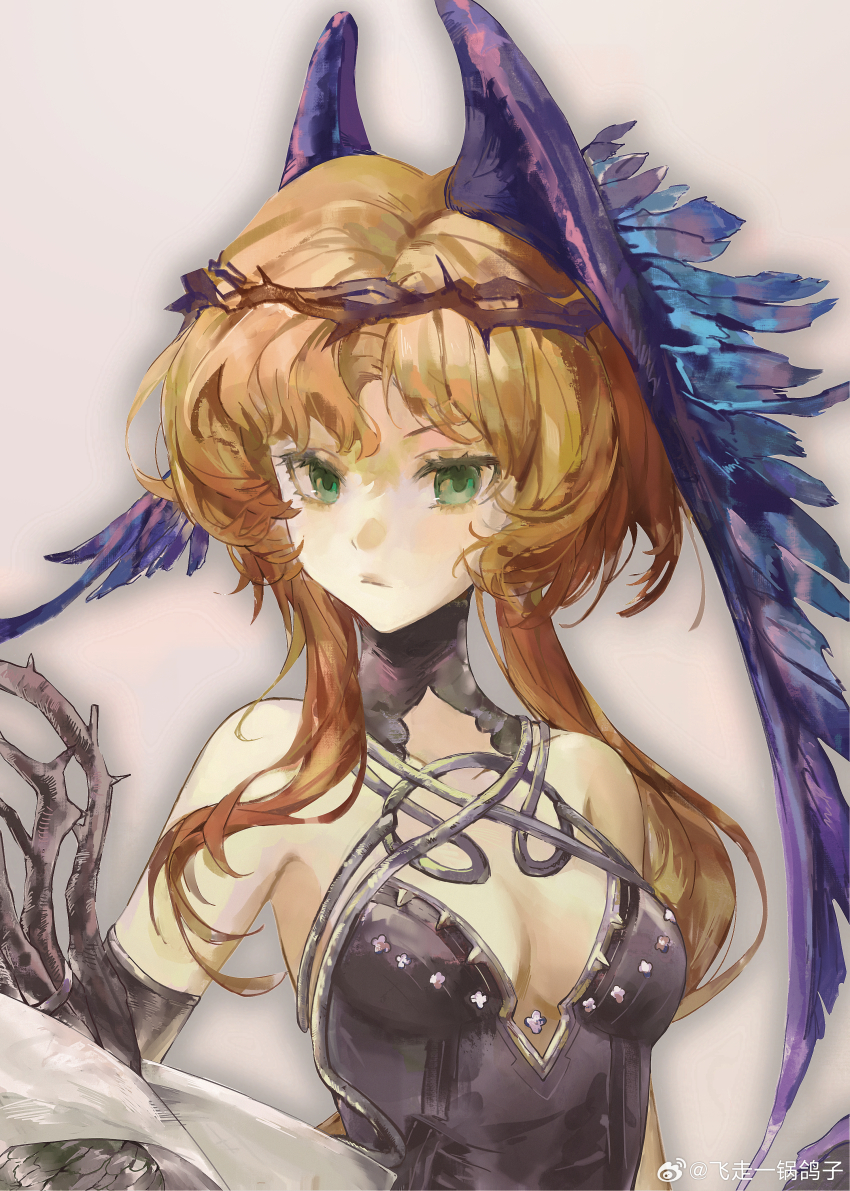 1girl :/ absurdres bare_shoulders breasts cleavage crown_of_thorns dress druvis_iii druvis_iii_(shrouded_in_thorns) elbow_gloves feathered_wings fei_zou_yi_guo_gezi gloves green_eyes head_wings highres holding holding_plant long_hair long_sidelocks looking_at_viewer medium_breasts official_alternate_costume orange_hair pink_background plant purple_dress purple_wings reverse:1999 sidelocks single_elbow_glove sleeveless sleeveless_dress solo thorns upper_body watermark weibo_watermark wings