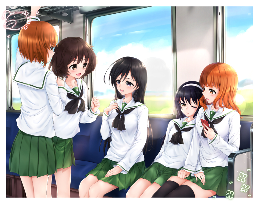 5girls absurdres ahoge akiyama_yukari anglerfish arm_up backlighting black_eyes black_hair black_legwear black_neckerchief blouse blue_sky blunt_bangs brown_eyes brown_hair cellphone clenched_hand commentary_request day ebihurai emblem fish girls_und_panzer green_skirt hairband half-closed_eye highres holding holding_phone indoors isuzu_hana leaning_forward long_hair long_sleeves looking_at_another messy_hair mini_dang01 miniskirt multiple_girls neckerchief nishizumi_miho one_eye_closed ooarai_school_uniform open_mouth orange_eyes orange_hair parted_lips partial_commentary phone pleated_skirt reizei_mako sailor_collar school_uniform serafuku shirt short_hair sitting skirt sky sleepy smartphone smile standing takebe_saori thighhighs train_interior white_hairband white_sailor_collar white_shirt