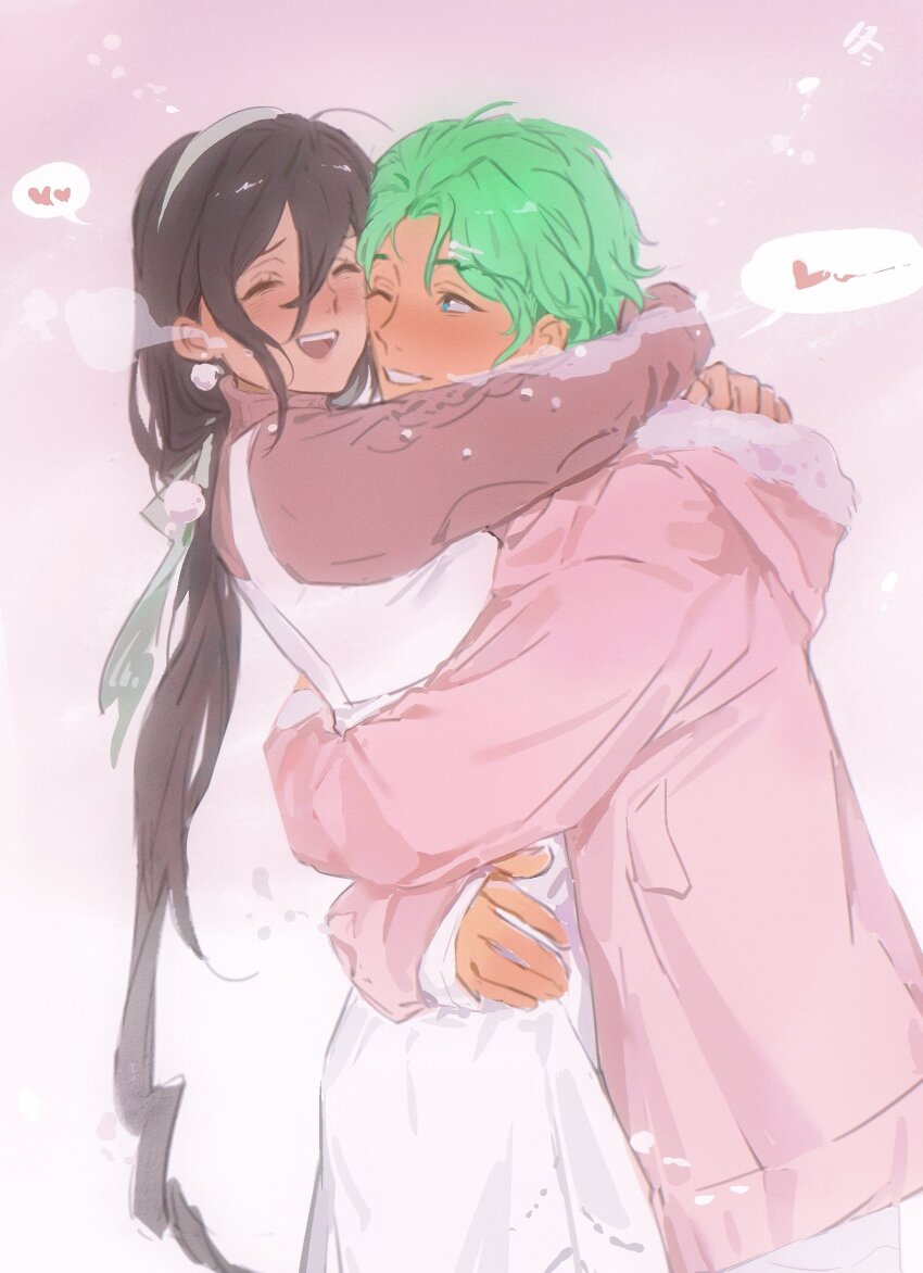 1boy 1girl ;d brown_hair closed_eyes cove_holden dress earrings fur_collar green_hair grin hair_between_eyes hair_ribbon hand_on_another&#039;s_back heart highres hood hood_down hoodie hug jewelry long_hair looking_at_another low_ponytail main_character_(our_life) one_eye_closed open_mouth our_life:_beginnings_and_always pink_hoodie pink_shirt ponytail ribbon shirt short_hair sidelocks smile spoken_heart teeth upper_teeth_only very_long_hair white_dress xrsjbz