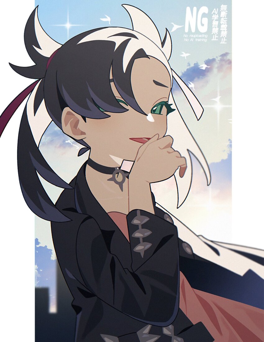 1girl ame_akira asymmetrical_bangs asymmetrical_hair black_choker black_hair black_jacket choker cloud dress green_eyes hair_ribbon highres jacket long_sleeves looking_at_viewer marnie_(pokemon) nintendo open_clothes open_mouth outdoors pink_dress pokemon pokemon_swsh red_ribbon ribbon sky smile solo twintails undercut upper_body