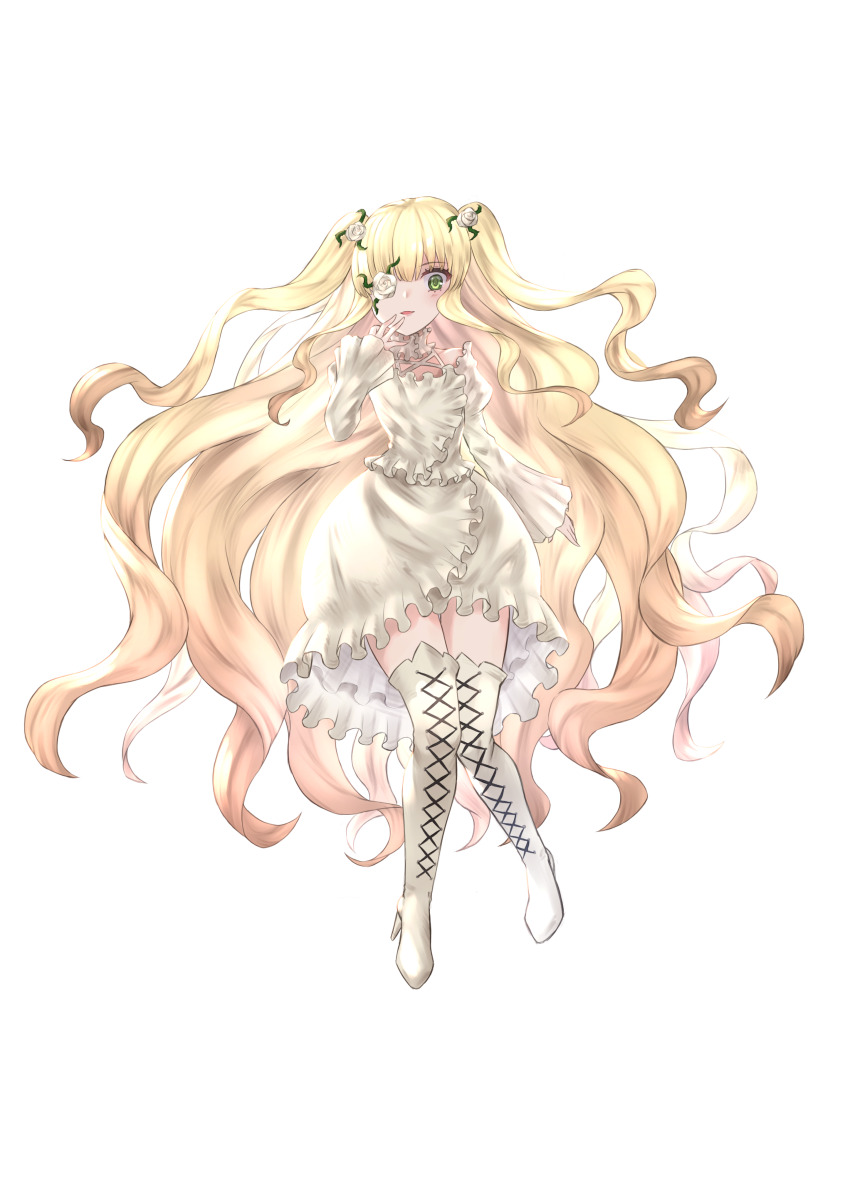 1girl absurdres boots flower flower_over_eye frilled_shirt frilled_skirt frills full_body green_eyes high_heels highres juliet_sleeves kirakishou lace-up_boots long_hair long_sleeves looking_at_viewer majinno puffy_sleeves rose rozen_maiden shirt skirt thigh_boots very_long_hair wavy_hair white_boots white_flower white_rose white_shirt white_skirt wide_sleeves
