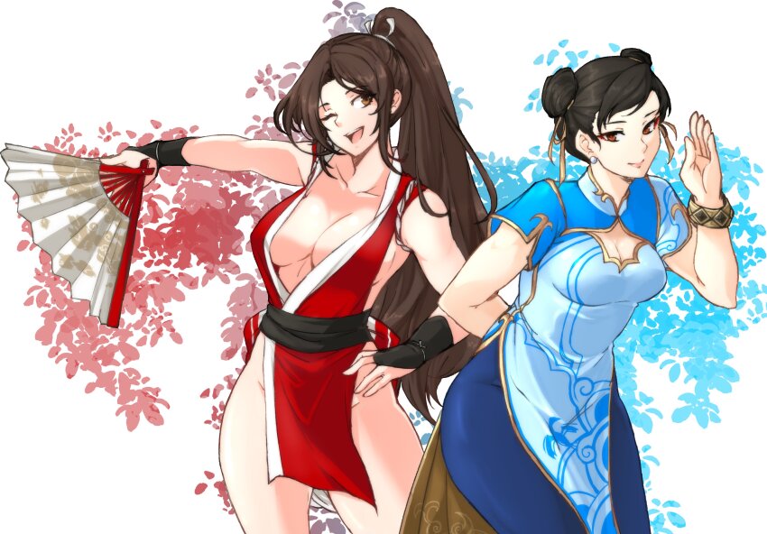 2girls absurdres bad_tag blue_dress breasts brown_hair capcom china_dress chinese_clothes chun-li cleavage cleavage_cutout clothing_cutout cowboy_shot crossover double_bun dress fatal_fury female_focus floral_print folding_fan hair_bun hand_fan hand_on_own_hip high_ponytail highres holding holding_fan multiple_girls ninja one_eye_closed ponytail print_folding_fan shiranui_mai smile standing street_fighter street_fighter_6 the_king_of_fighters tridisart wink