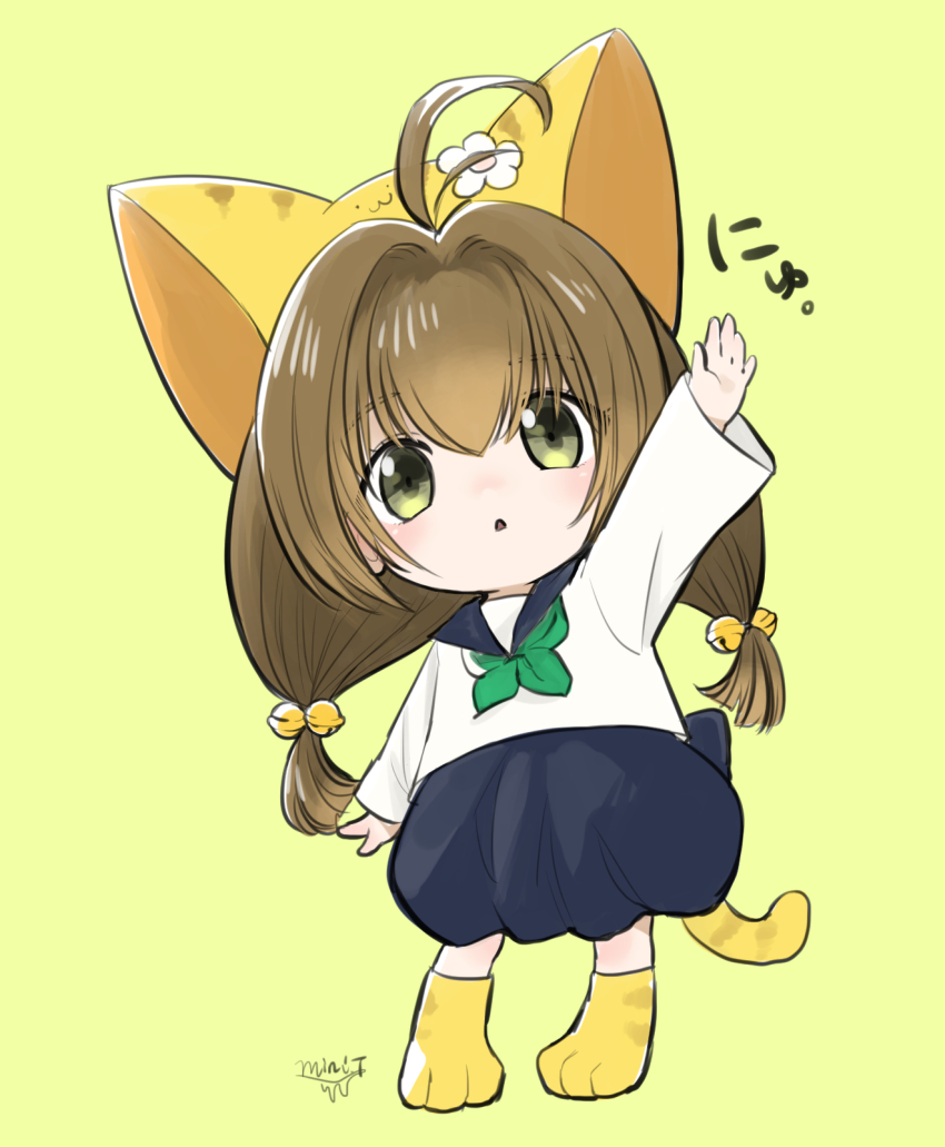 1girl animal_hat arm_up brown_hair cat_hat cat_tail di_gi_charat full_body green_neckerchief hat highres looking_at_viewer mini_(minimilk) neckerchief parted_lips puchiko shirt solo standing tail translation_request white_shirt yellow_background