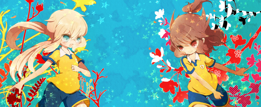 2boys bad_id bad_pixiv_id blonde_hair blue_eyes blush brown_hair fusion glasses highres inazuma_eleven inazuma_eleven_(series) inazuma_eleven_go inazuma_eleven_go_chrono_stone jeanne_d&#039;arc_(inazuma_eleven) kirino_ranmaru kirino_ranmaru_(mixi_max_jeanne_d&#039;arc) lightning_bolt_symbol long_hair male_focus multiple_boys oda_nobunaga_(inazuma_eleven) open_mouth raimon raimon_soccer_uniform red_eyes shindou_takuto smile soccer_uniform sportswear yoshida_(nono_ko)