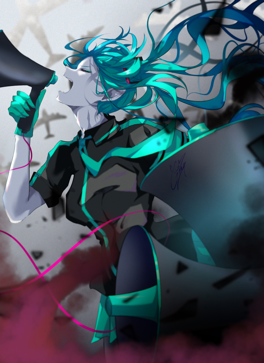 1girl aircraft airplane aqua_gloves aqua_hair aqua_necktie bomber closed_eyes floating_hair from_side gloves goma_irasuto hatsune_miku highres holding holding_megaphone jet koi_wa_sensou_(vocaloid) long_hair megaphone military military_vehicle necktie open_mouth solo twintails vocaloid
