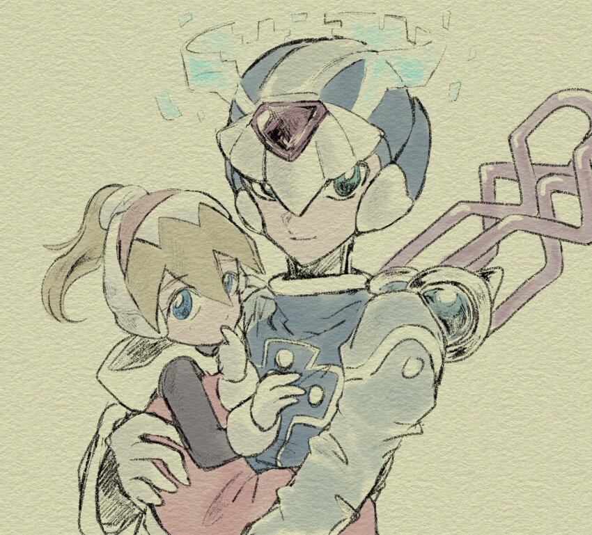 1boy 1girl aged_down blonde_hair blue_eyes blue_helmet blue_wings ciel_(mega_man) cyber_elf_x_(mega_man) forehead_jewel halo helmet high_ponytail highres looking_at_viewer mega_man_(series) mega_man_zero_(series) natsumi_6021 ponytail simple_background upper_body wings x_(mega_man)