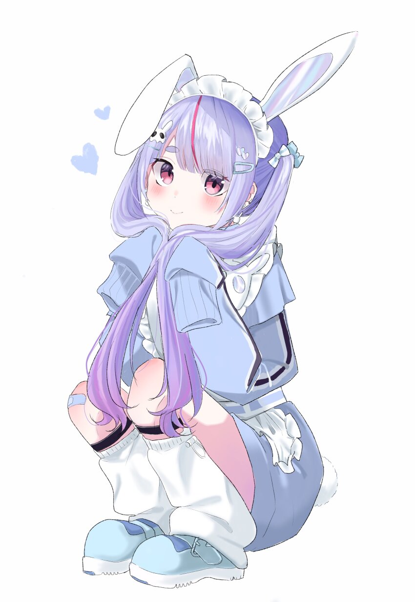 1girl absurdres animal_ears apron loose_socks bandaid bandaid_on_knee bandaid_on_leg blue_shoes blush bow calflet cattleya_regina_games fake_animal_ears fake_tail frills full_body gradient_hair hair_bow hair_ornament hairpin heart herz_25 highres jersey jersey_maid long_sleeves looking_at_viewer maid maid_apron mary_janes multicolored_hair multiple_hairpins pink_eyes pink_hair purple_hair rabbit_ears rabbit_tail shoes sleeves_past_fingers sleeves_past_wrists socks solo squatting streaked_hair tail thick_eyebrows tosaki_mimi tosaki_mimi_(4th_costume) twintails unconventional_maid virtual_youtuber vspo! white_background white_bow white_socks