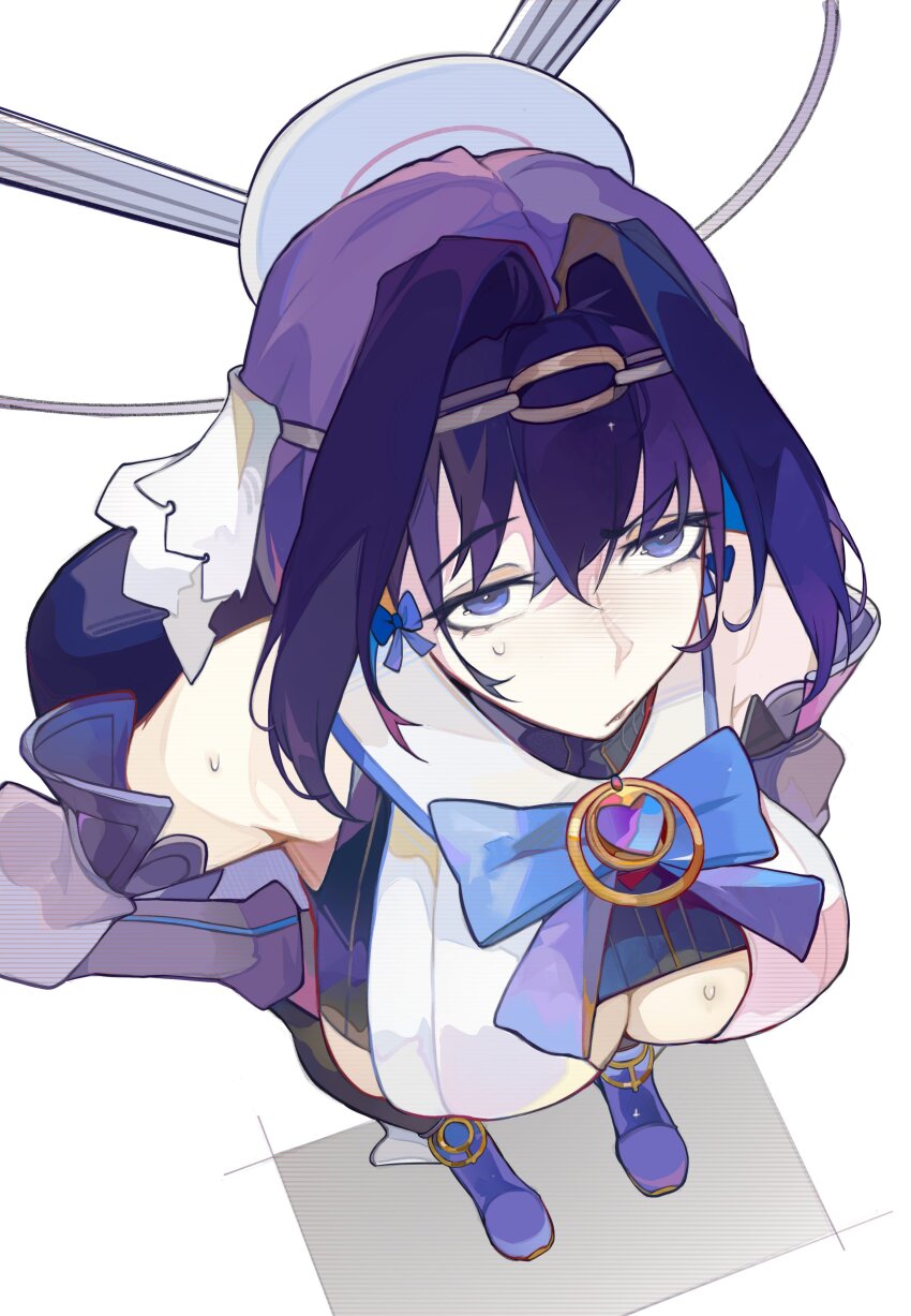 1girl absurdres akurin_14 blue_bow blue_eyes blue_gemstone blue_hair bow bow_earrings breasts chain chain_headband clothing_cutout detached_sleeves earrings from_above gem grey_sleeves hair_intakes halo heart-shaped_gem highres hololive hololive_english jewelry large_breasts mechanical_halo ouro_kronii ouro_kronii_(1st_costume) shirt solo sweat underboob_cutout veil virtual_youtuber white_shirt