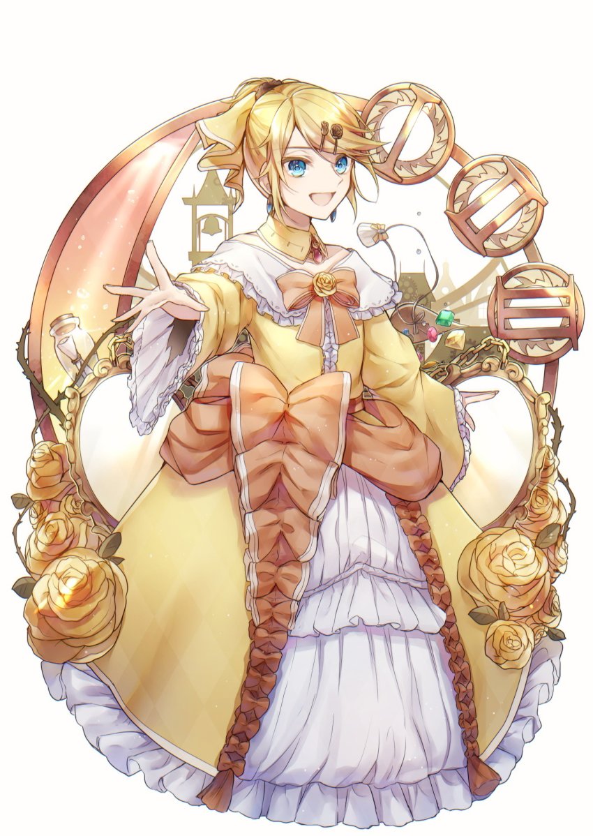1girl aku_no_musume_(vocaloid) aryuma772 bell_tower blonde_hair blue_eyes bow choker dress dress_bow dress_flower earrings evillious_nendaiki flat_chest flower four_mirrors_of_lucifenia frilled_dress frilled_sleeves frills gem hair_bow hair_ornament hairclip highres jewelry kagamine_rin looking_at_viewer message_in_a_bottle mirror off_shoulder open_mouth orange_bow outstretched_arm petticoat riliane_lucifen_d&#039;autriche roman_numeral rose smile solo swept_bangs thorns twiright_prank_(vocaloid) updo vessel_of_sin vocaloid wide_sleeves yellow_bow yellow_flower yellow_rose