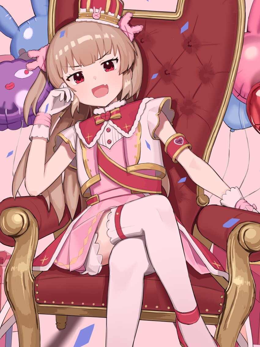 1girl absurdres arm_rest armband balloon brown_hair chair confetti cropped_jacket crown cushion dress elbow_rest fang flat_chest gloves hair_ornament highres long_hair looking_at_viewer natori_sana natori_sana_(sana_channel_king) official_alternate_costume okaki8130 pink_background pink_dress rabbit_hair_ornament red_armband red_eyes red_shoes sana_channel shoes short_sleeves sitting skin_fang smile solo thighhighs two_side_up v-shaped_eyebrows virtual_youtuber white_gloves white_thighhighs