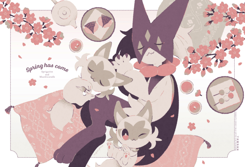 cherry_blossoms closed_eyes commentary dango evolutionary_line food lying manami_(uovoegg) meowscarada mochi nintendo on_side one_eye_closed petals pillow pokemon pokemon_(creature) sleeping sprigatito spring_(season) symbol-only_commentary teapot wagashi white_background