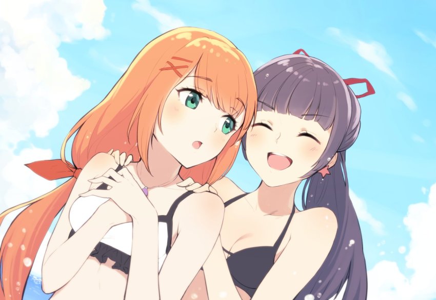 2girls breasts gogo_(detteiu_de) jewelry kingdom_hearts kingdom_hearts_x multiple_girls necklace skuld_(kingdom_hearts) strelitzia_(kingdom_hearts) swimsuit
