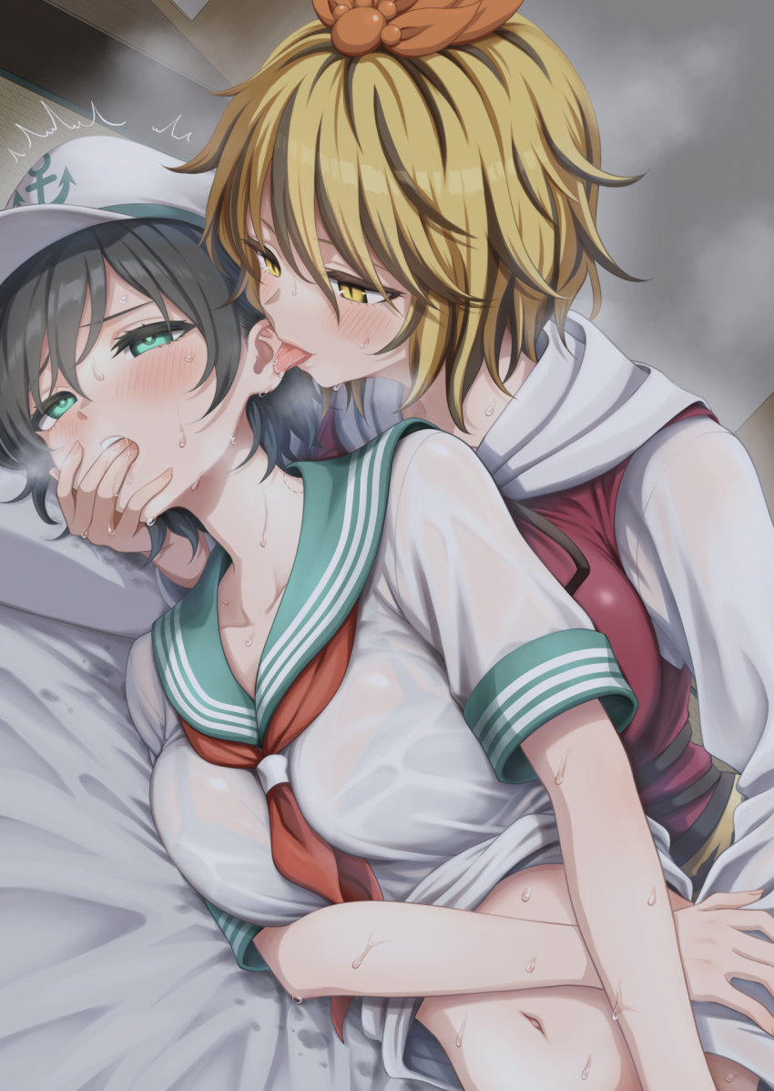 2girls anchor_symbol bite_mark bite_mark_on_neck blonde_hair blush bra_visible_through_clothes brown_hair commentary_request commission ear_licking green_eyes green_sailor_collar hand_in_another&#039;s_mouth hat highres implied_fingering licking lying multi-source_commentary multicolored_hair multiple_girls murasa_minamitsu navel neckerchief on_side red_neckerchief sailor_collar sailor_shirt shiguma_(signalmass) shirt short_sleeves skeb_commission streaked_hair sweat toramaru_shou touhou wet wet_clothes white_hat white_shirt yellow_eyes yuri