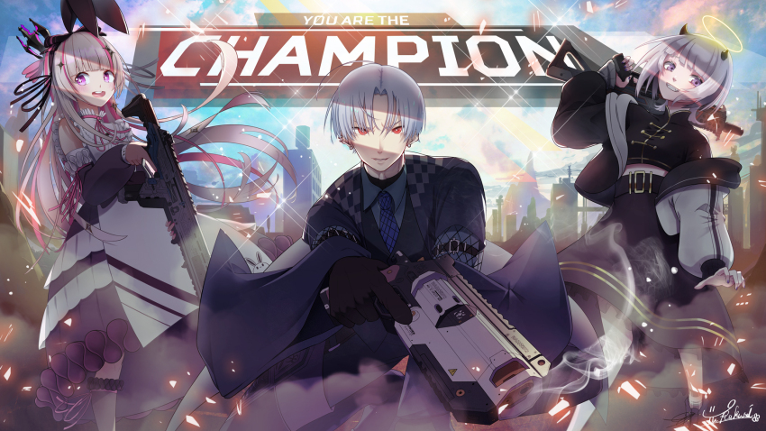1boy 2girls akatsuki_luci animal_ears apex_legends b3_wingman black_jacket black_vest blue_necktie blue_shirt collared_shirt detached_sleeves dress duplicate fake_animal_ears grey_eyes grey_hair gun halo handgun highres holding holding_gun holding_weapon horns indie_virtual_youtuber jacket looking_at_viewer mikhail_cuervo multicolored_hair multiple_girls necktie pink_hair purple_eyes r-301_carbine revolver sewa_pyokora shirt smile smoke smoking_barrel squatting streaked_hair submachine_gun traditional_halo vest virtual_youtuber volt_smg weapon white_dress yurakusai
