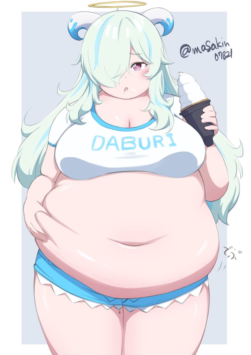 1girl belly belly_grab blue_hair blue_shorts breasts cleavage crop_top doubliel fat fat_woman food hair_over_one_eye halo hand_on_own_stomach highres holding holding_ice_cream_cone horns ice_cream ice_cream_cone large_breasts long_hair mahjong_fight_girl masakin messy_hair midriff mole mole_on_thigh navel obese one_eye_covered open_mouth pink_eyes shirt short_shorts shorts solo standing white_hair white_shirt