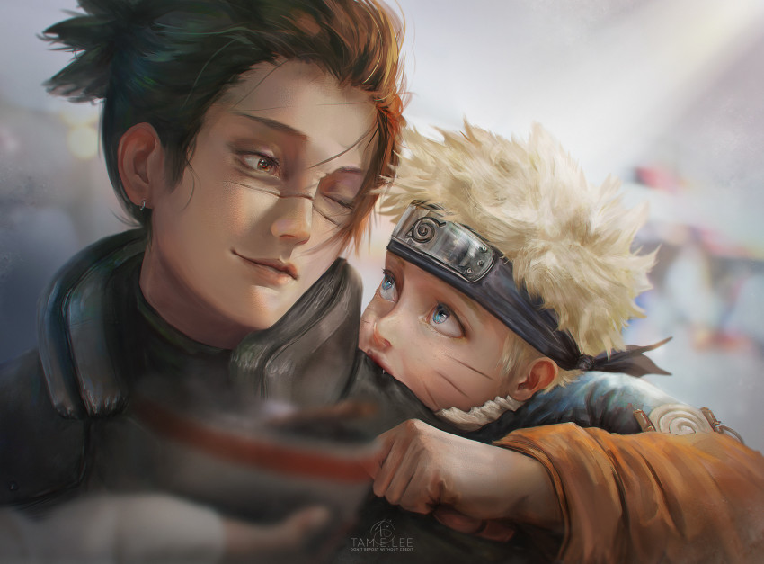 2boys artist_name blonde_hair blue_eyes blurry blurry_background brown_eyes child commentary day english_commentary eye_contact facial_mark headband highres looking_at_another male_focus multiple_boys naruto_(series) naruto_shippuuden one_eye_closed outdoors preschooler scar scar_on_face tamelee umino_iruka upper_body uzumaki_naruto whisker_markings