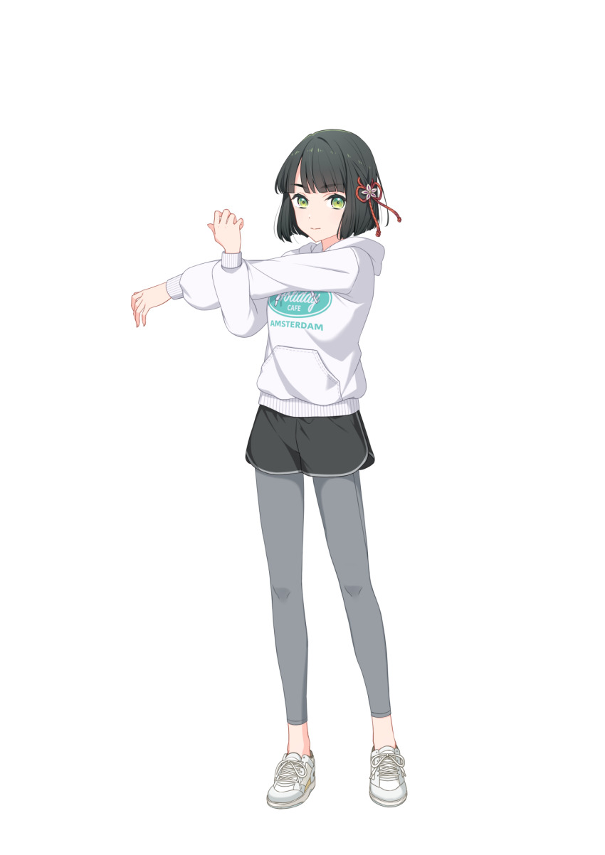 1girl black_hair black_shorts blunt_bangs blunt_ends clothes_writing commentary_request dolphin_shorts flower flower_knot full_body green_eyes grey_leggings hair_flower hair_ornament highres hood hood_down hoodie leggings leggings_under_shorts link!_like!_love_live! long_sleeves love_live! momose_ginko momose_ginko_(summer_training_wear) official_alternate_costume official_art puffy_long_sleeves puffy_sleeves second-party_source shoes short_hair short_shorts shorts simple_background sneakers solo standing stretching transparent_background virtual_youtuber white_hoodie white_shoes