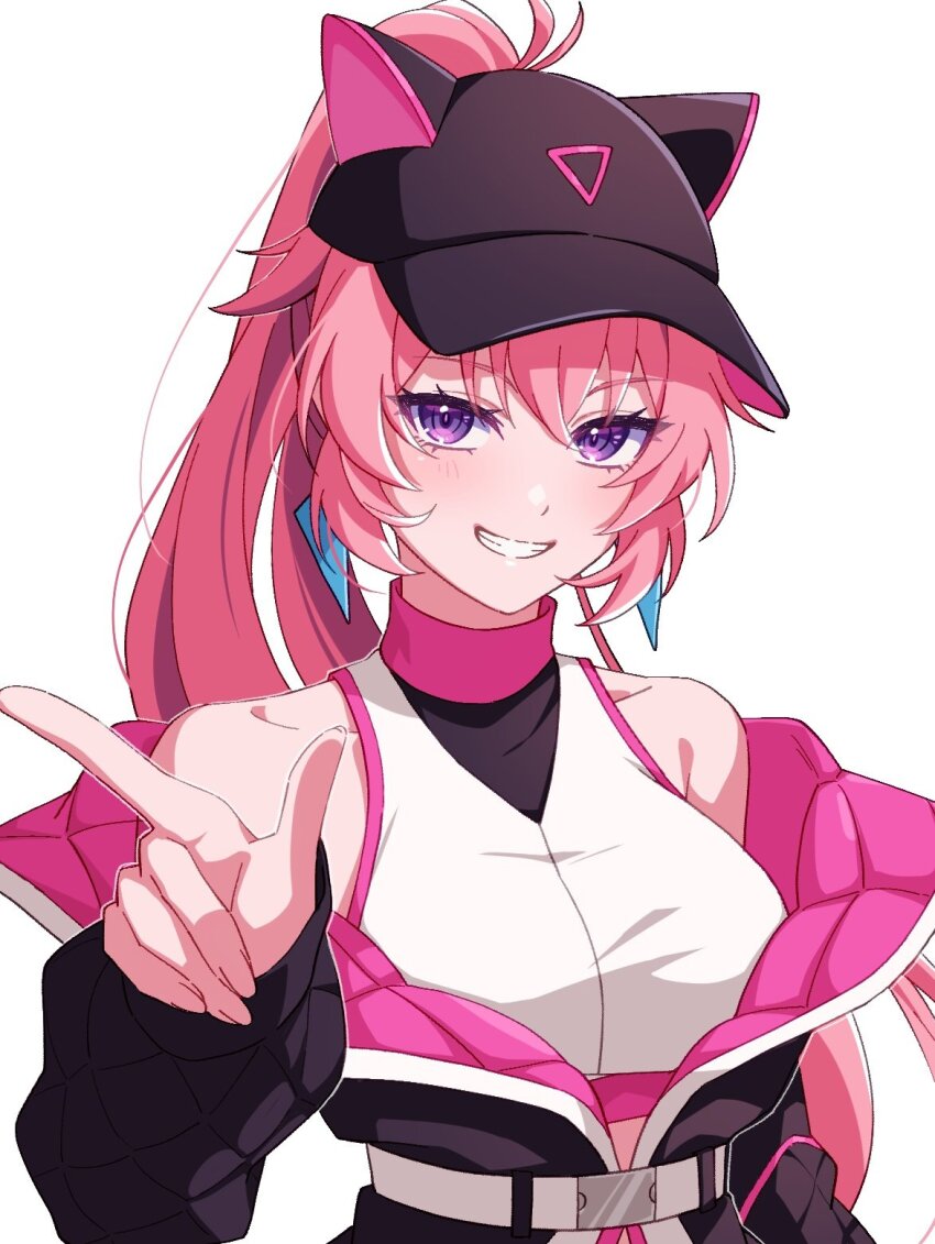 1girl animal_hat black_jacket blush brown_hat cat_hat character_request hat high_ponytail highres jacket long_hair long_sleeves looking_at_viewer pink_hair pochimaru_(marumaru_wanwan) ponytail purple_eyes shirt smile solo teeth to_be_hero to_be_hero_x white_background white_shirt