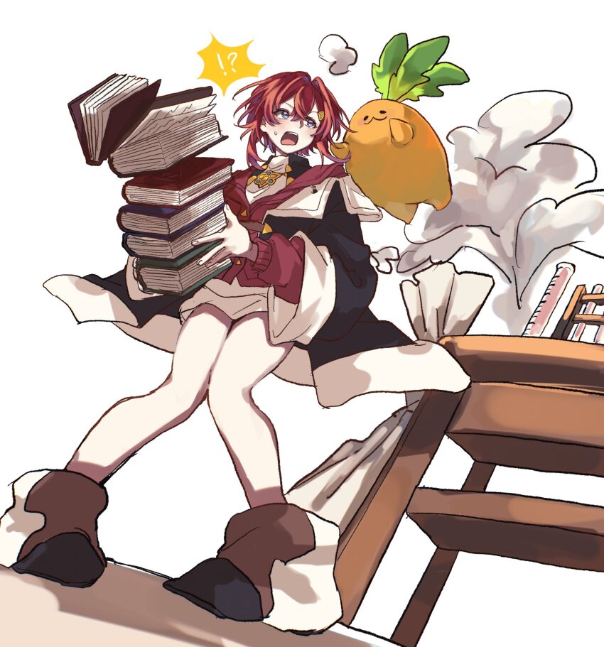 !? 1girl :3 ange_katrina ange_katrina_(1st_costume) ankle_boots black_boots black_coat blue_eyes blush book book_stack boots cardigan coat commentary creature crossed_bangs desk dress dropping from_below full_body hair_between_eyes hair_intakes hair_ornament highres honeko_06 knees_together_feet_apart long_bangs long_sleeves looking_at_another mandragora mandragora_(ange_katrina) measuring_cylinder nijisanji off_shoulder open_mouth pouncing red_cardigan red_hair short_dress short_hair simple_background solid_oval_eyes standing surprised sweatdrop teeth test_tube test_tube_rack triangle_hair_ornament upper_teeth_only virtual_youtuber white_background white_dress