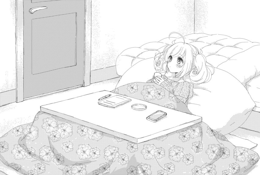 1girl ahoge bed blanket cellphone cup cushion door greyscale highres holding holding_cup idolmaster idolmaster_cinderella_girls indoors kotatsu leaning_back long_sleeves looking_afar monochrome notebook off-shoulder_sweater off_shoulder pen phone sato_shin solo steam sweater table twintails uika310p under_kotatsu under_table