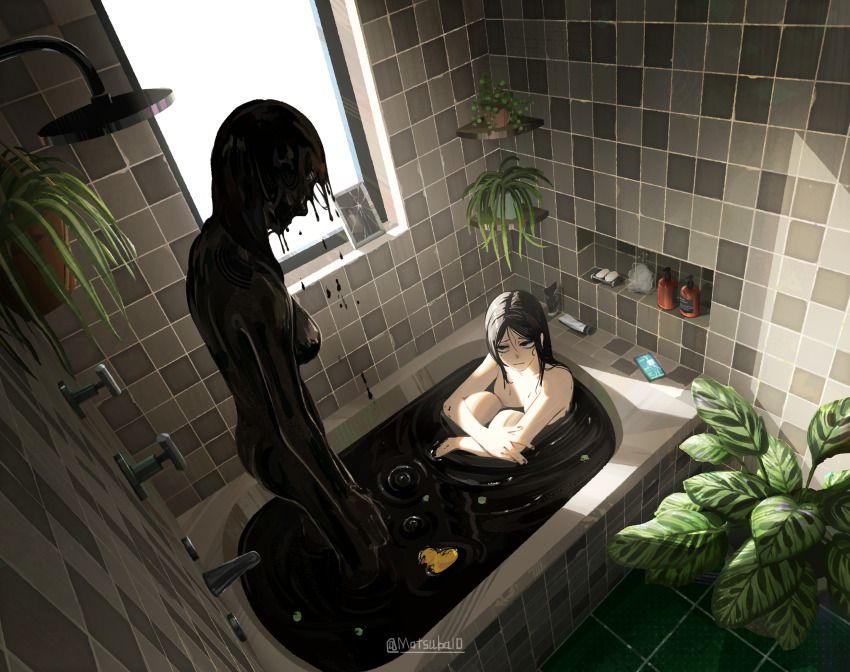 2girls absurdres artist_name bathroom bathtub black_hair black_liquid cellphone commentary_request highres horror_(theme) indoors long_hair matsuba10 monster_girl multiple_girls nude original phone plant potted_plant same-sex_bathing scenery shared_bathing slime_girl smartphone soap_bottle tile_wall tiles twitter_username watermark window