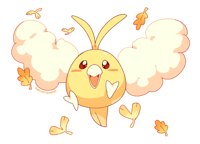 :d absurdres alternate_color animal_focus artist_name bird blush brown_eyes commentary english_commentary falling_leaves flying fourleafisland full_body gen_3_pokemon happy highres leaf looking_at_viewer nintendo no_humans open_mouth pokemon pokemon_(creature) shiny_pokemon simple_background smile solo straight-on swablu white_background