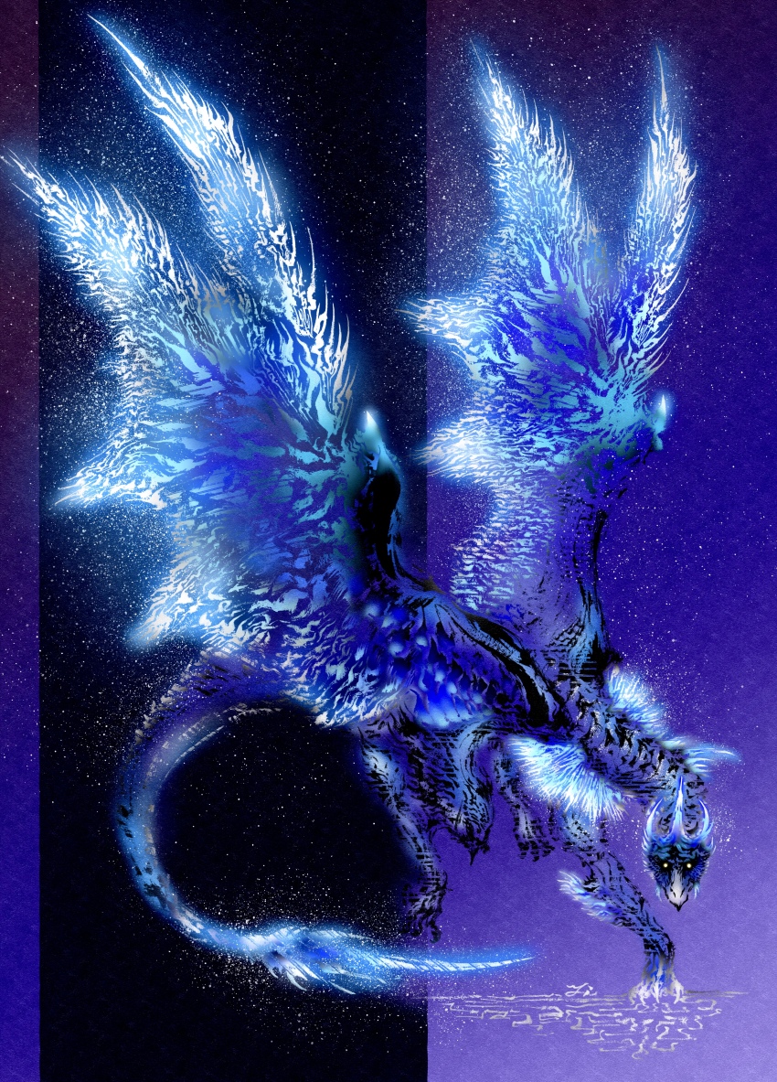absurdres blue_scales claws deadpool_yuchan digitigrade dragon dragon_horns dragon_tail dragon_wings frost full_body glowing glowing_eyes gradient_background highres horns ice ice_horns looking_at_viewer monster monster_focus monster_hunter_(series) no_humans purple_background sharp_tail solo spread_wings tail velkhana western_dragon wings yellow_eyes