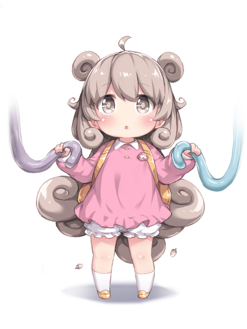 1girl :o ahoge alien backpack bag bloomers brown_eyes brown_hair child collared_shirt commentary_request curly_hair dress_shirt full_body hair_flaps highres holding_hands kindergarten_uniform long_hair long_sleeves name_tag no_nose open_mouth orange_shoes original pink_shirt shirt shoes socks solo_focus standing tamase_tama underwear very_long_hair white_background white_bloomers white_socks yellow_bag