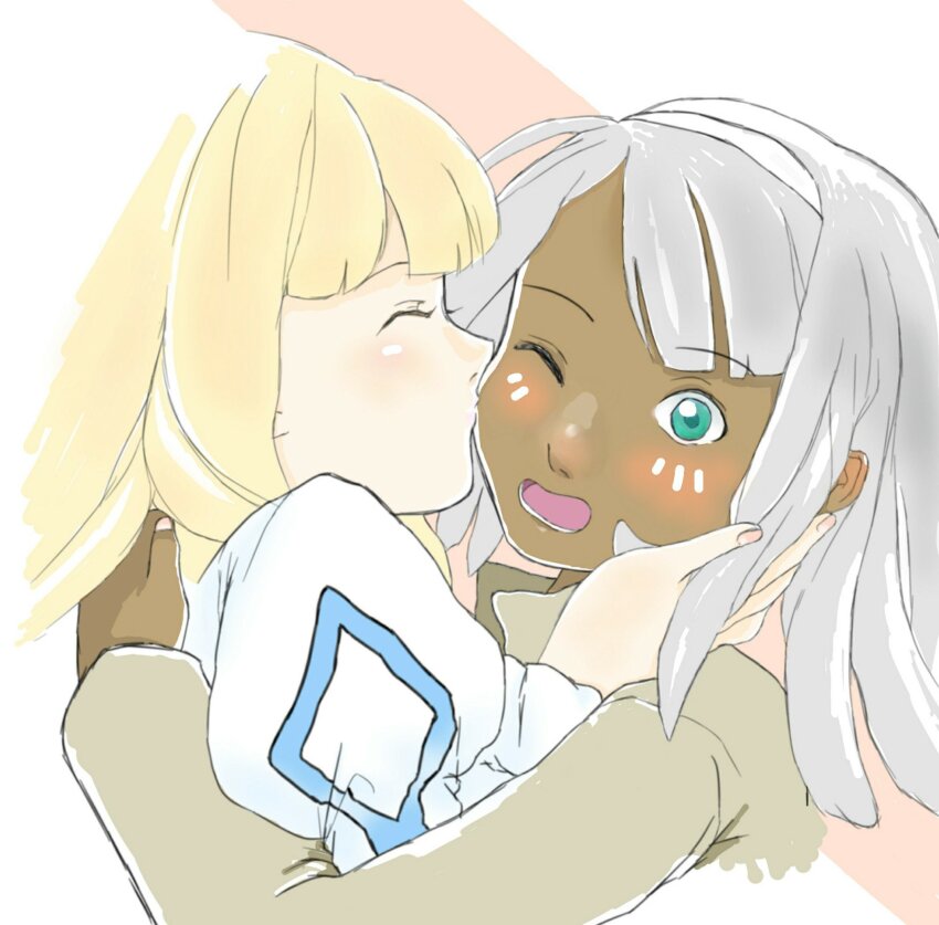 blonde_hair blush closed_eyes colored_skin dark_skin dianna_soreil dress f91gundam831 flustered green_eyes grey_hair gundam hand_around_neck hand_on_another&#039;s_cheek hand_on_another&#039;s_face headband highres hug kiss kissing_cheek loran_cehack one_eye_closed open_mouth simple_background turn_a_gundam white_dress white_skin