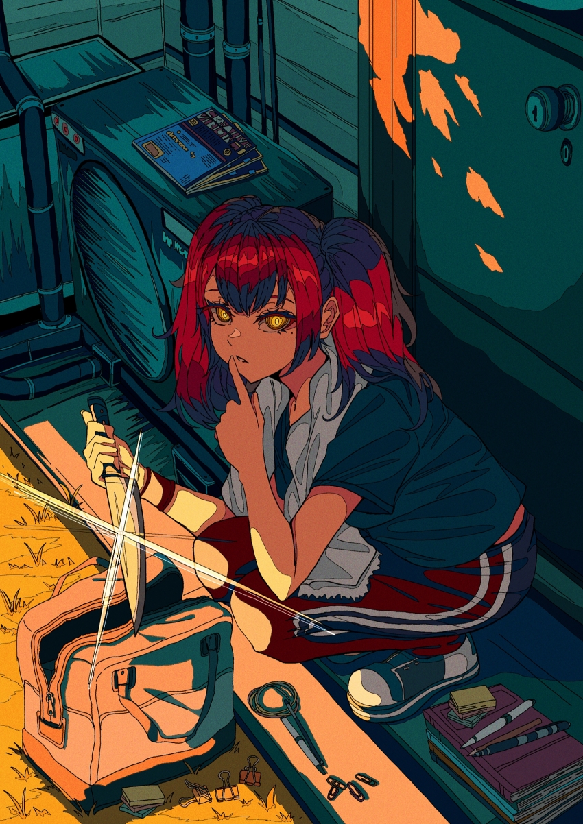 1girl absurdres aqua_shirt artdroiiid_ii bag book condenser_unit dappled_sunlight day diffraction_spikes door doorknob double-parted_bangs finger_to_mouth full_body grass hand_up highres holding holding_knife industrial_pipe knife long_hair looking_at_viewer multicolored_shoes open_bag original outdoors pants paperclip parted_lips pen pile_of_books porch red_hair red_pants shade shadow shirt shoes short_sleeves shushing sneakers solo squatting sticky_note sunlight t-shirt towel towel_around_neck track_pants twintails wire yellow_eyes zipper_pull_tab