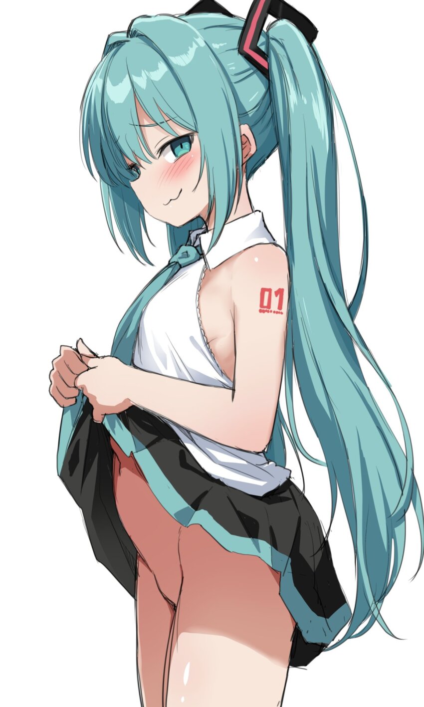 1girl :3 aqua_eyes aqua_hair aqua_necktie black_skirt blush clothes_lift cowboy_shot hair_between_eyes hair_ornament hatsune_miku highres kokutou_nikke lifting_own_clothes long_hair looking_at_viewer looking_to_the_side necktie no_panties shirt simple_background skirt skirt_lift sleeveless solo twintails very_long_hair vocaloid white_background white_shirt
