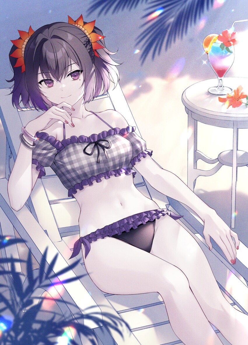 1girl beach bikini bracelet braid chair commission cup drinking_straw e_(eokiba) flower folding_chair food fruit gleam hair_flower hair_ornament highres jewelry looking_at_viewer mole mole_under_eye nail_polish off-shoulder_bikini off_shoulder on_chair orange_(fruit) orange_slice purple_eyes purple_hair red_nails smile solo swimsuit symonne_(tales) tales_of_(series) tales_of_zestiria twintails