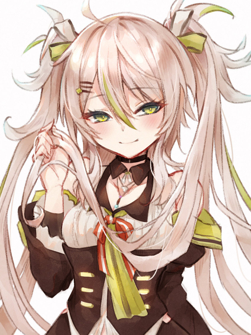 1girl ahoge bare_shoulders blush boots bow breasts camomi_camomi cleavage closed_mouth collarbone diieru female_focus green_bow green_hair green_neckwear hair_bow hair_ornament hairclip highres holding holding_own_hair indie_virtual_youtuber jewelry light_brown_hair long_hair multicolored_hair nanashi_inc. necklace simple_background smile solo streaked_hair twintails upper_body v_ap_art very_long_hair virtual_youtuber white_background
