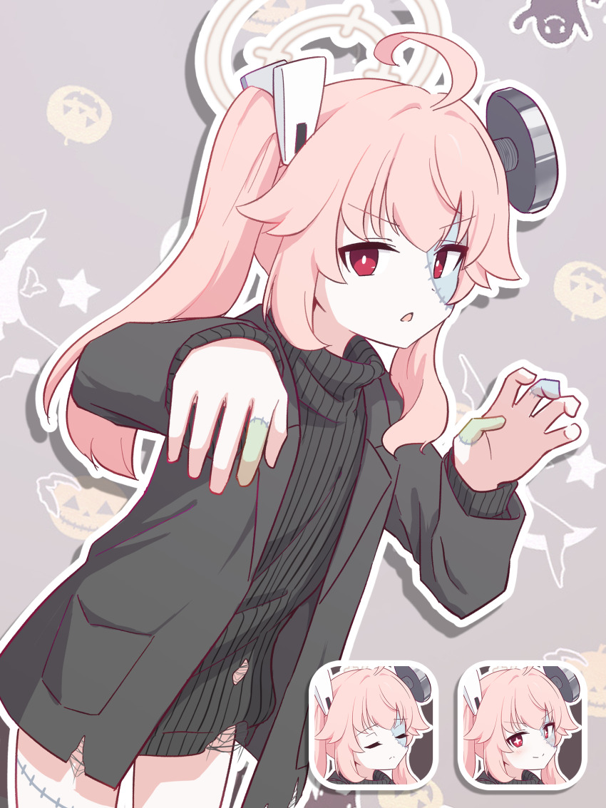 1girl black_jacket black_sweater blue_archive claw_pose halo highres jacket kyousuke_(orcein) long_sleeves multiple_expressions natsu_(blue_archive) natsu_(halloween)_(blue_archive) open_mouth pink_hair side_ponytail sweater yellow_halo