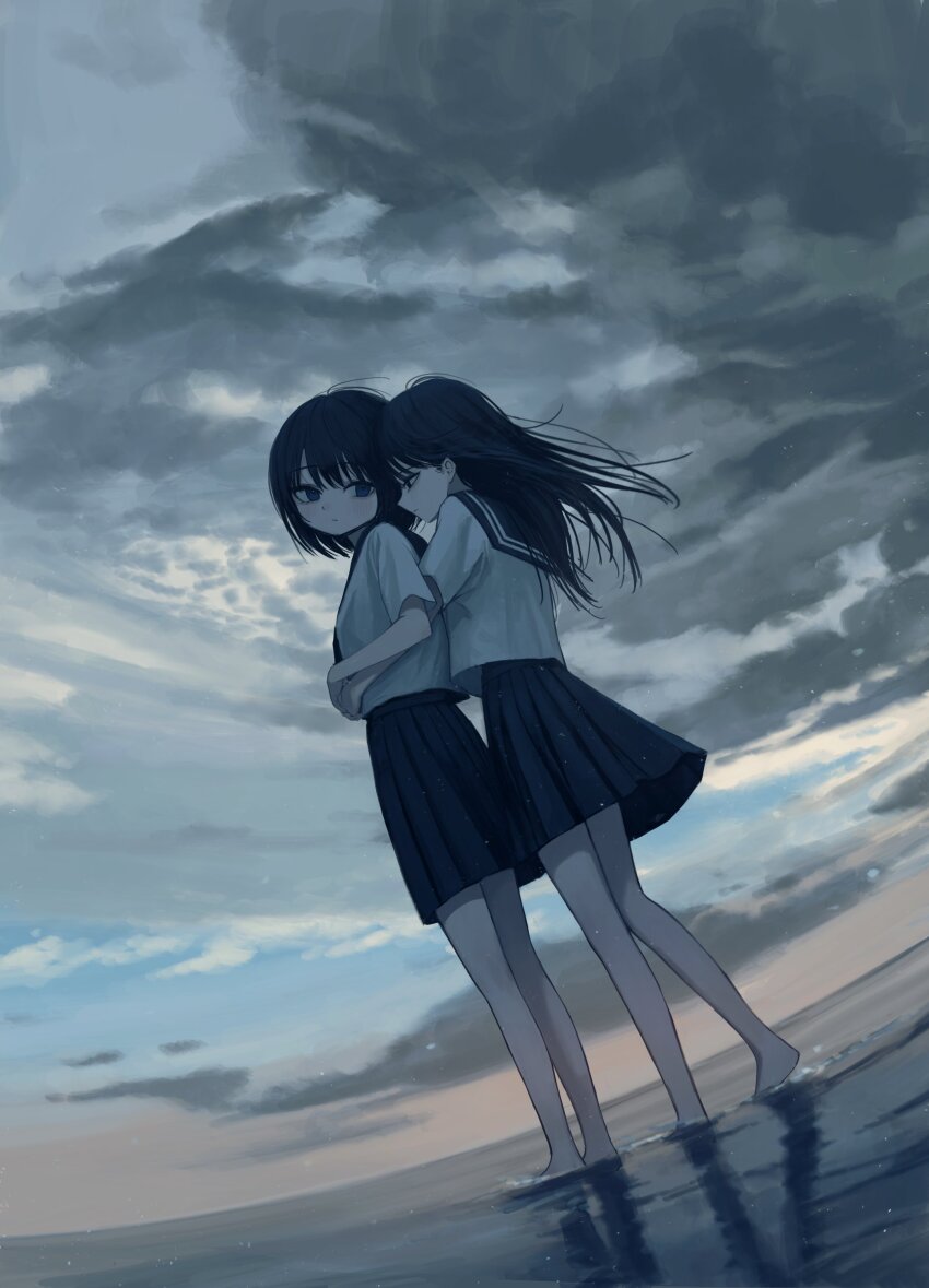 2girls absurdres barefoot black_hair black_sailor_collar black_skirt blue_eyes blush breasts closed_mouth cloud cloudy_sky fisheye from_side highres hug hug_from_behind long_hair looking_at_another multiple_girls original outdoors pleated_skirt sailor_collar sakiika0513 school_uniform serafuku shirt short_hair short_sleeves skirt sky small_breasts standing white_shirt yuri
