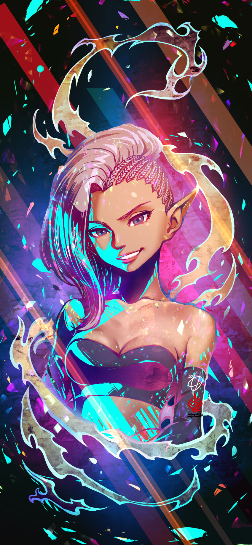 1girl absurdres bare_shoulders black_eyes black_sleeves black_tube_top braid breasts cleavage commentary_request dark-skinned_female dark_skin detached_sleeves dragon_ball dragon_ball_super highres iwaza_(dragon_ball) kanchiyo light_brown_hair looking_at_viewer medium_breasts medium_hair pointy_ears side_braids signature smile solo strapless teeth tube_top upper_body
