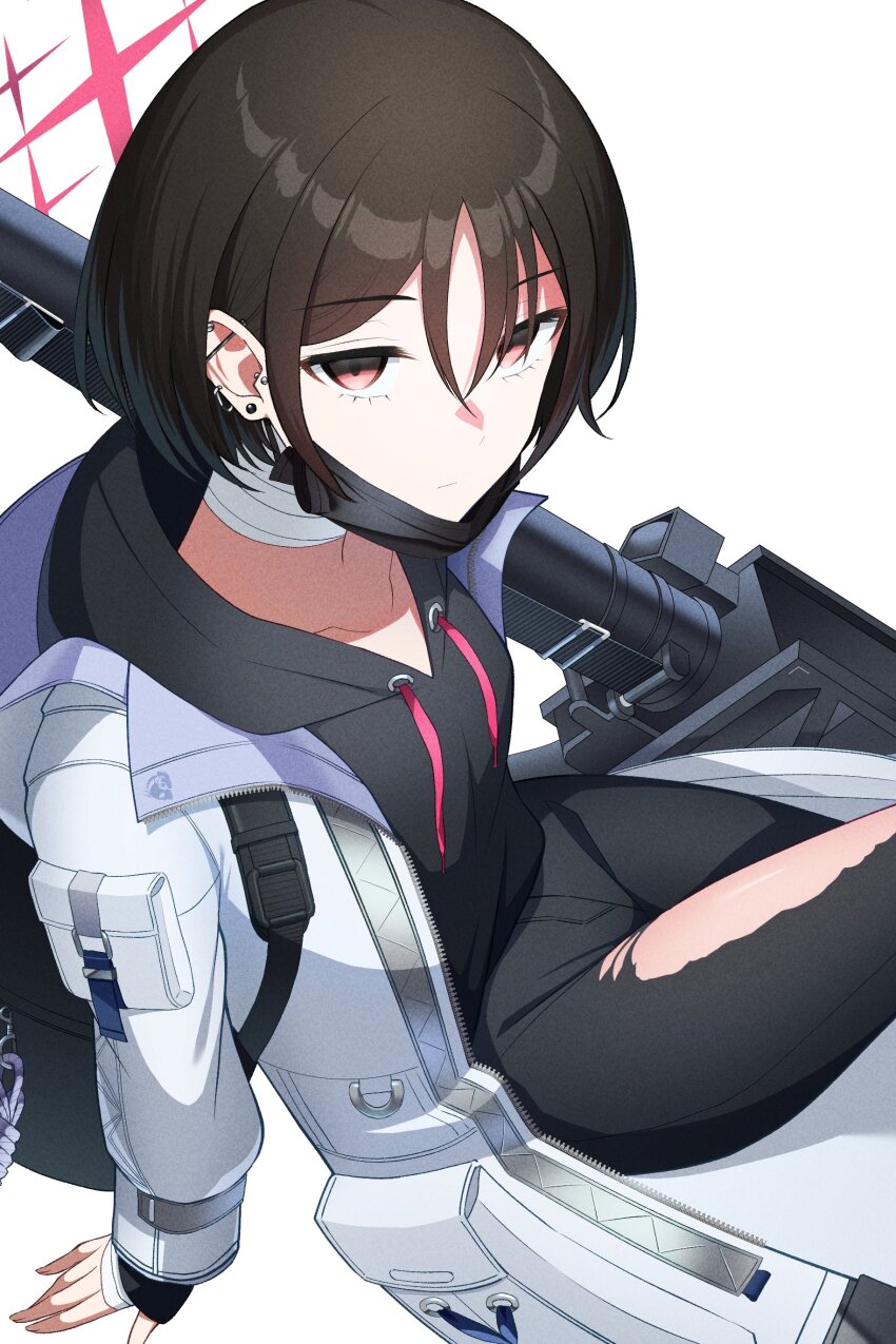 1girl absurdres bandaged_neck bandages black_hoodie black_mask blue_archive ear_piercing fim-92_stinger halo highres hood hoodie kuryuu_chiaki looking_at_viewer mask mask_pull misaki_(blue_archive) mouth_mask pants piercing pink_eyes pink_halo red_halo rocket_launcher solo surgical_mask torn_clothes torn_pants weapon